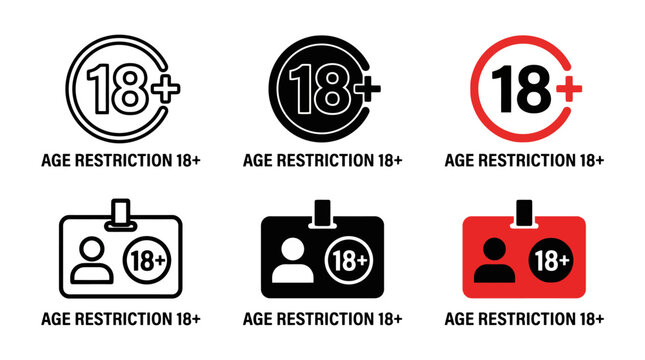 Adult age restriction symbols and eighteen plus identity card icons