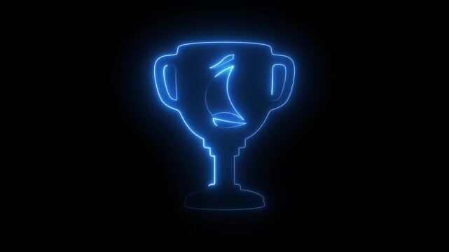 Glowing blue neon trophy cup icon on dark background