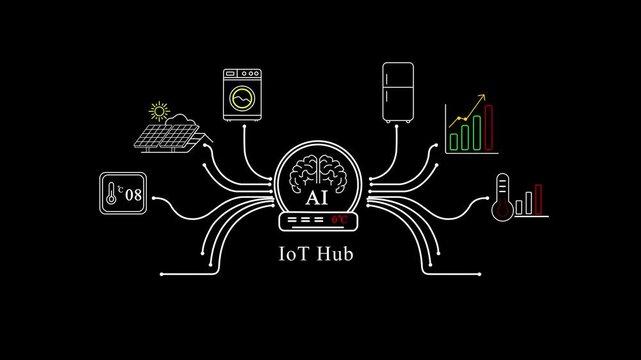 Ai io t hub smart home network infographic animation with connected devices and data analytics internet of smart home