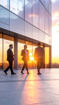 Group of business people walking outside a modern office building at sunset
