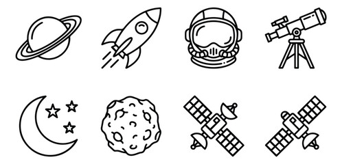 Minimalist space exploration line icons, set of 8 astronomy vector symbols, black and white galaxy research graphics for science education apps © Ali Graphics