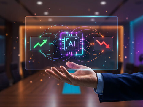 A businessman hand holding futuristic ai processor interface showing growth and decline charts representing financial data analysis market prediction software and digital transformation technology.