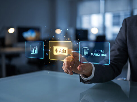 Businessman hand touching virtual screen with an ads button in a digital marketing strategy to increase sales, creative idea development for internet advertising campaign concept.