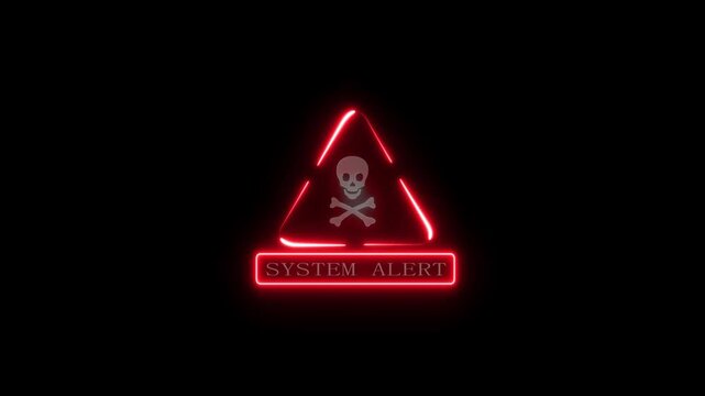 A red glowing system alert animation showing a skull warning icon on a dark background. Perfect for danger alerts, cybersecurity videos, hacking concepts and technology projects.