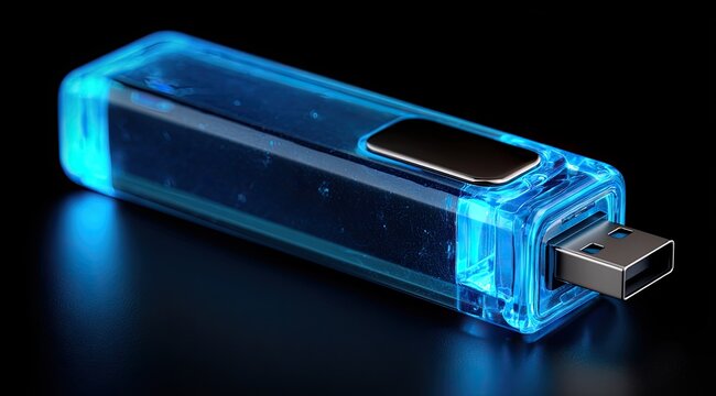Modern Blue Usb Flash Drive on Black Background Technology