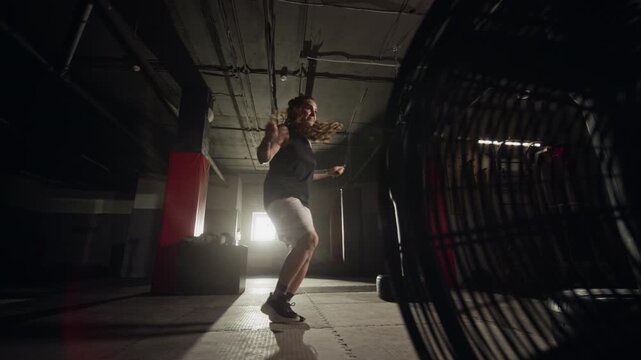 Full handheld shot of Caucasian young woman jumping rope in dark boxing gym. Ideal for fitness brand commercials, gym advertisements, and motivational sports campaigns