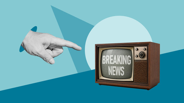 Breaking News Alert Concept with Vintage Television and Pointing Hand Symbolizing Media Attention, News Coverage, Information, Journalism, Public Awareness and Communication