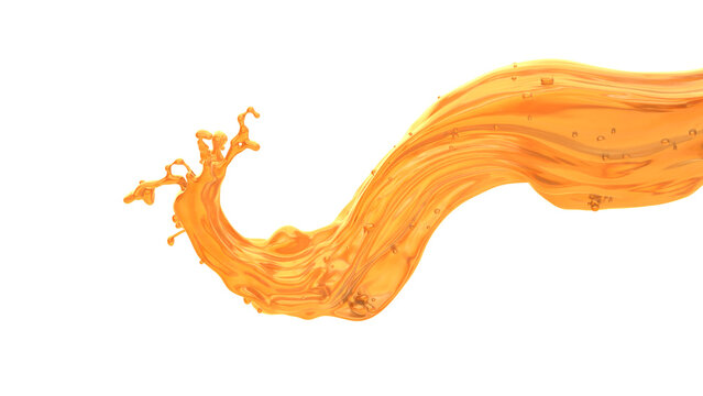 A bright orange oil liquid moves in a wave shape across a white background. It creates small splashes and bubbles that add to the dynamic movement of the liquid. 3d render