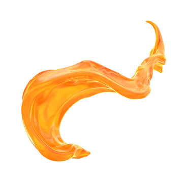 Wave of bright orange liquid moving gracefully. It creates a dynamic shape against the white background. The fluidity adds a sense of movement and energy to the visual. 3d render