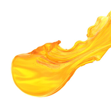 Bright orange liquid moves in a wave shape, splashing and curling as it flows. The liquid captures light and reflects details, creating a dynamic visual display. 3d render