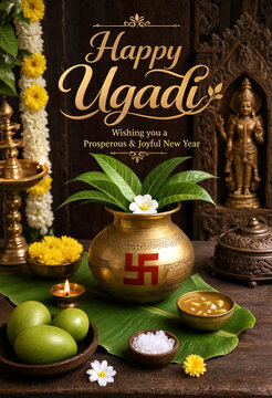 Traditional ugadi festival celebration with decorative items flowers and sweets on display table