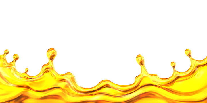 Liquid oil flows and creates splashes with drops rising above its surface. The bright light highlights the yellow color and forms dynamic shapes in the air. 3d render
