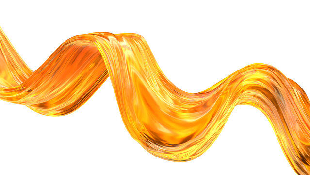 A bright, orange oil liquid moves in a wave shape across a white background. The light creates reflections and highlights on the smooth surfaces of the liquid. 3d render