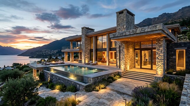 Luxurious stone mansion with a large swimming pool overlooking a serene lake and majestic mountains at sunset.