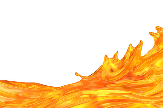 The orange liquid moves in a wave shape with sharp peaks and smooth curves. It appears to flow and swirl, creating a sense of movement and energy. 3d render