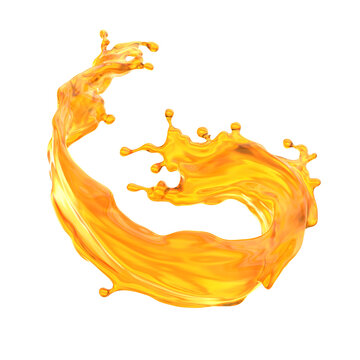 A swirling splash of orange oil liquid shows motion and energy. The bright color stands out as droplets fly off the surface in different directions. The background is plain and white. 3d render