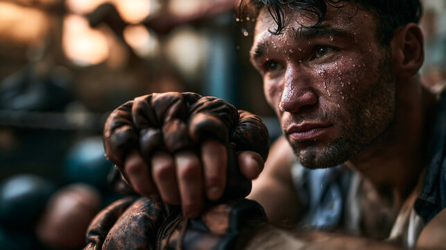Boxer in a dim gym corner between rounds, gloves resting on knees, sweat and fatigue on his face, showing resolve in documentary sports photorealism