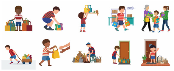 Fototapeta premium Set of Illustrations Featuring Children Volunteering, Shopping, and Helping with Donations and Deliveries in Flat Vector Style