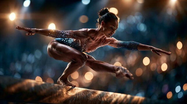 Gymnast balancing on a balance beam in a quiet arena, showing intense concentration and precise posture in a challenging pose