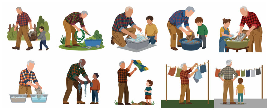 Grandfather and grandson doing laundry together set of flat vector illustrations. Elderly man teaching child to wash clothes by hand, using washboard and clothesline.