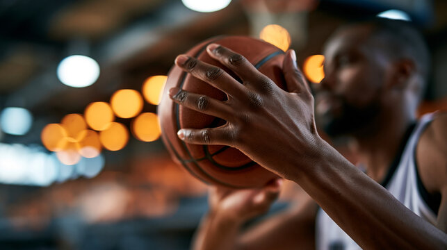 Basketball player practicing free throws alone on empty court, close focus on hand position wrist action and shooting form, photorealistic training