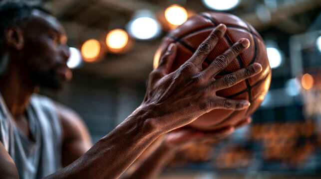 Basketball player alone practicing free throws on empty court focusing on hand position and wrist action photorealistic technical training