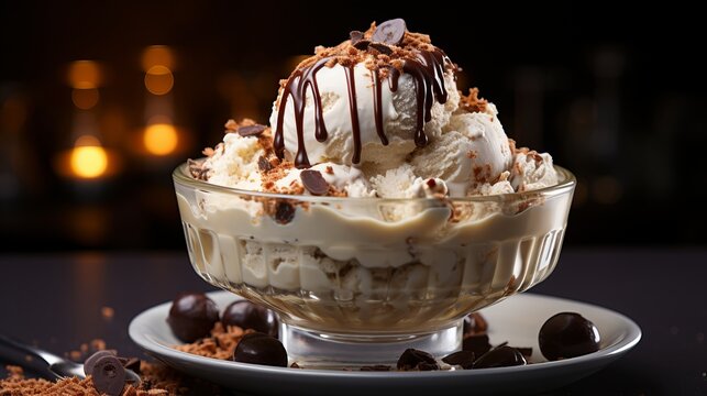 Vanilla ice cream sundae with chocolate sauce and chocolate pieces served in a glass dessert bowl on a dark background