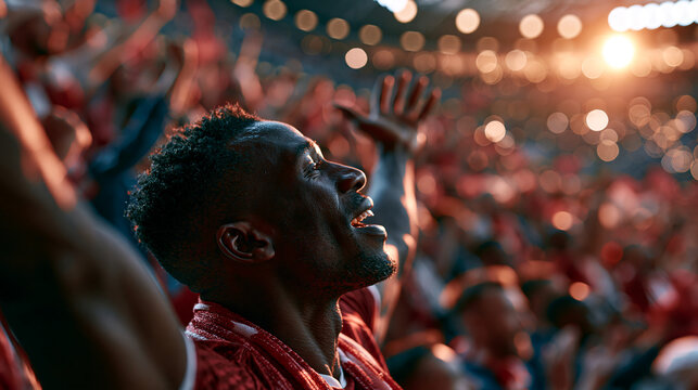 Football player with arms wide reacting to crowd roar after scoring in photorealistic stadium, intense emotion and electric atmosphere
