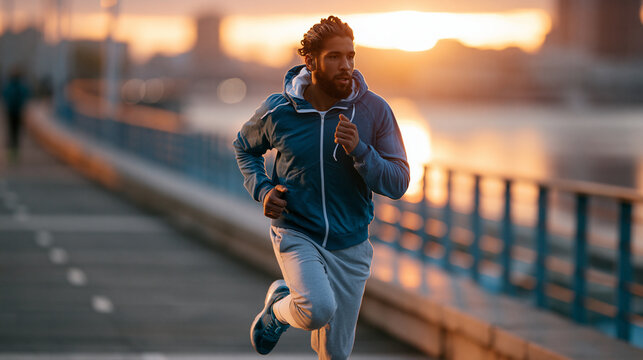 Long distance runner jogging along a city embankment at sunrise with steady pace and determined mood photorealistic endurance training