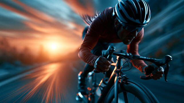 Cyclist pushing through strong headwind on open rural road in a gritty endurance sport moment aggressive low posture
