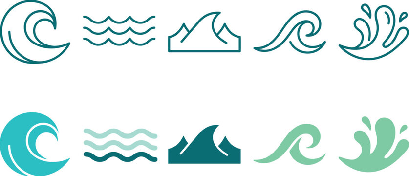Ocean Wave Icon Set Featuring Sea Surf, Water Splash, Coastal Waves, Marine Symbols, and Minimal Nautical Vector Collection for Summer Design