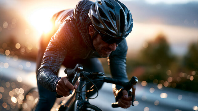 Cyclist fighting a strong headwind on an open rural road, wind blown clothing and aggressive endurance posture on a windy outdoor training run