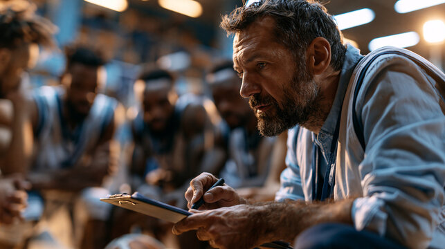 Basketball coach crouching with players during timeout, drawing a play on clipboard in indoor arena with intense focus team circle