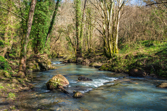 Hike along the Treja river valley, near the village of Mazzano Romano. Lazio, central Italy.