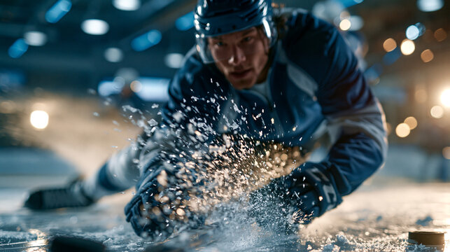 Young hockey player skating fast across fresh ice during training in a cold arena action shot