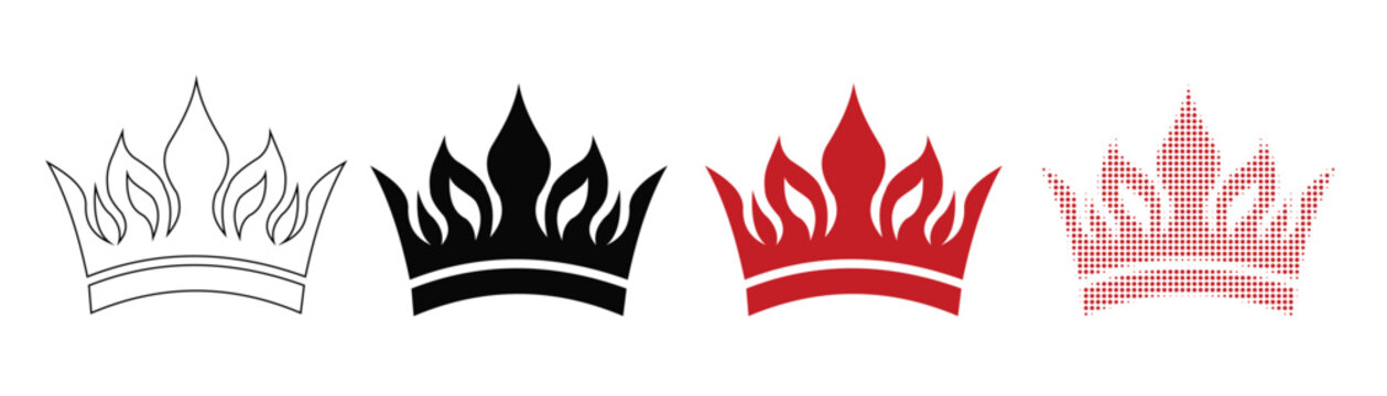 Flame crown icon set, fire king crown symbol in outline, silhouette, and halftone style