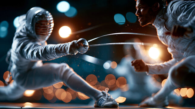 Fencer launching a sudden counterattack on the fencing piste, body extended with blade thrust, dramatic duel between opponents in photorealistic combat sports action