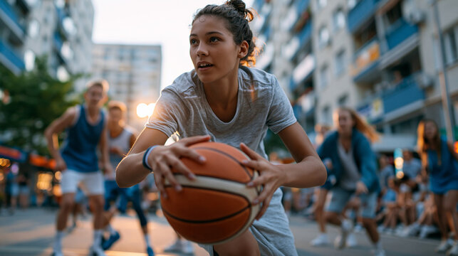 Teenagers playing intense street basketball on an outdoor court between apartment blocks with raw urban energy in a photorealistic sports documentary style