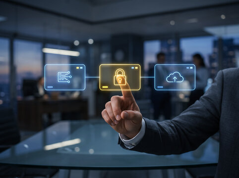 Finger touching security lock icon on futuristic interface with cloud storage and data connection symbols representing data security and network protection services.
