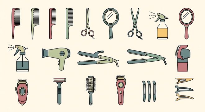 Set of professional hair salon tools and barber shop equipment icons for hairstyling and grooming