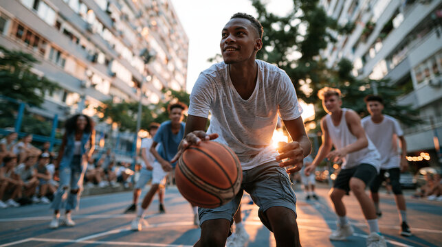 Teenage group playing intense street basketball on outdoor court between apartment blocks in raw urban energy documentary style