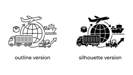 Obraz premium Global Logistics Icons: A set of outline and silhouette icons representing global logistics and transportation, including a truck, airplane, ship, forklift, and globe.