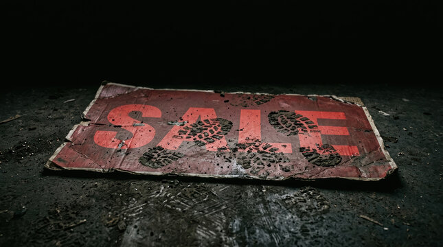Sale sign on dirty floor with shoe prints shows impact of inflation and interest rates on economy
