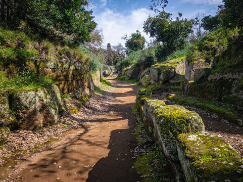 Scenic view in the Banditaccia Necropolis, near Cerveteri, Province of Viterbo, Lazio, Italy.
