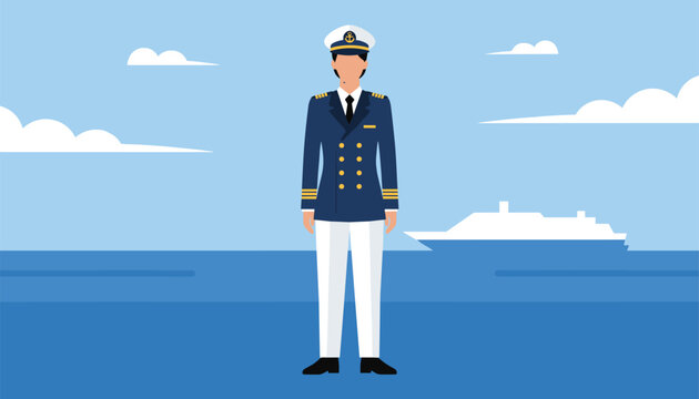 Professional sea captain in a classic navy blue uniform standing tall with a large cruise ship on the blue ocean background.