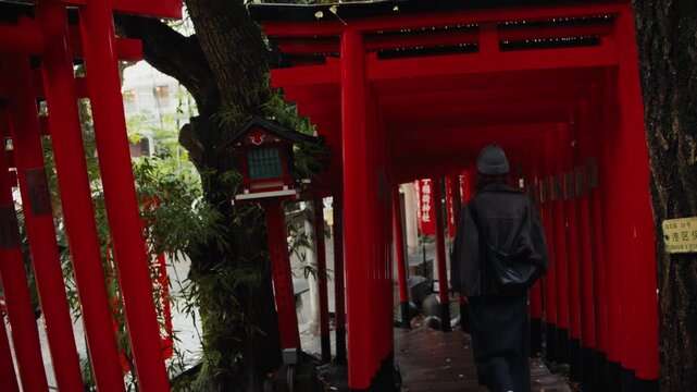 Tourist walking through red torii gates at japanese shrine