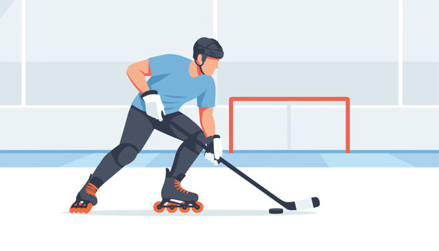 Professional roller hockey player skating fast with a stick and puck in front of an empty ice-like arena goal.