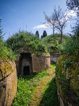 Scenic view in the Banditaccia Necropolis, near Cerveteri, Province of Viterbo, Lazio, Italy.