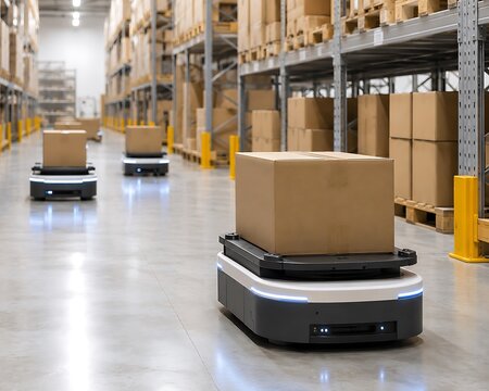 Automated warehouse robot transporting cardboard box. Smart logistics AGV moving packages in modern industrial storage facility.