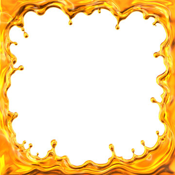 A yellow liquid shape surrounds an empty space in the middle. The design shows splashes and droplets, creating a lively border. This can be used for various creative projects. 3d render